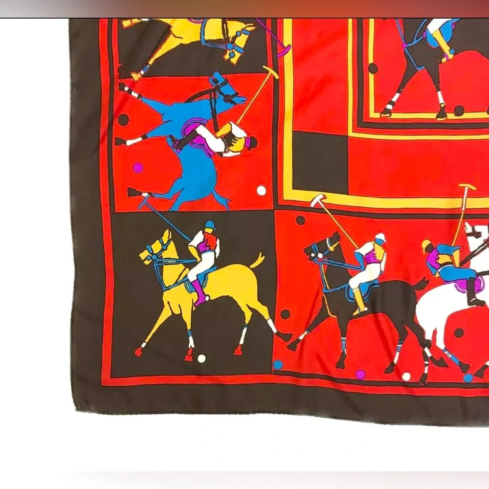 AUTH VINTAGE CHRISTIAN DIOR 78cm x 78cm LARGE MULTICOLOR JOCKEY RED SCARF SILK